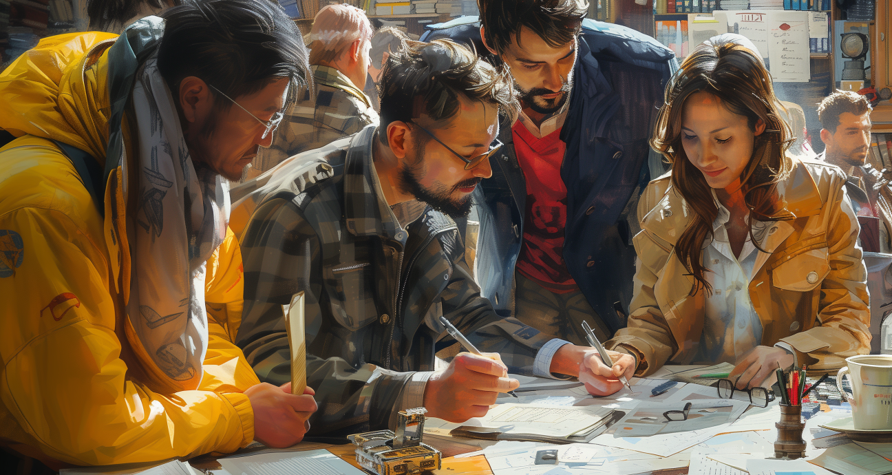 419 / 5.000 Um grupo de pessoas reuniu-se em torno de um livro aberto, estudando vários desenhos e plantas sobre a mesa à sua frente. Eles parecem focados enquanto os funcionários das lojas de maconha com jaquetas amarelas trabalham juntos para encontrar ideias interessantes de design criativo para sua nova marca. A cena é detalhada e realista, capturando todos os detalhes, desde expressões faciais até gestos manuais que transmitem trabalho em equipe e colaboração, pintura a óleo