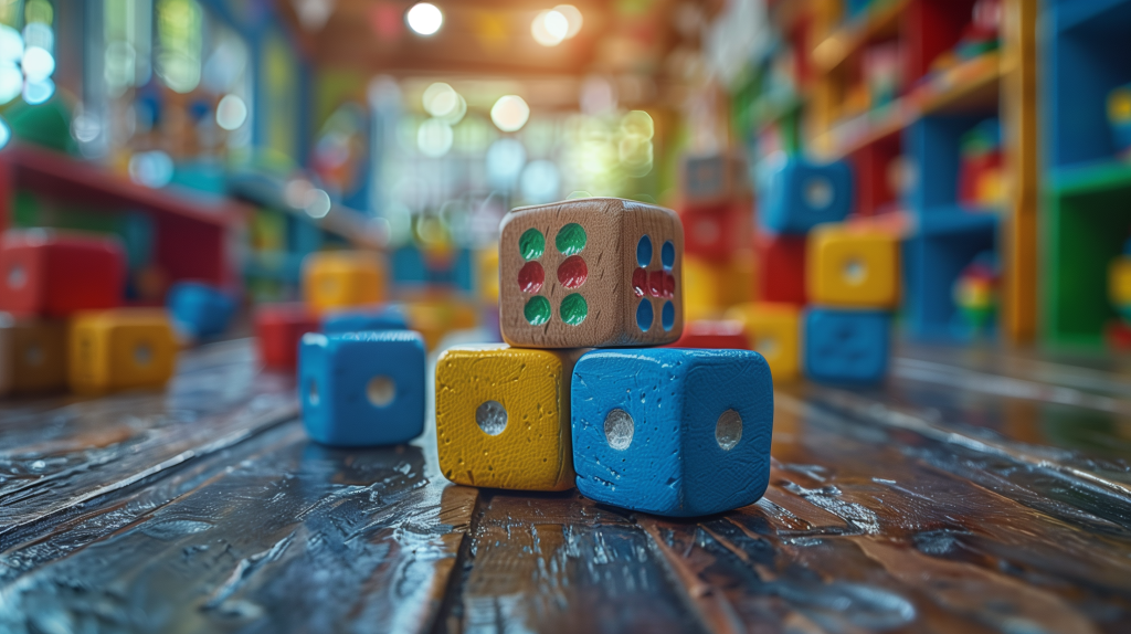 Dados de madeira coloridos sobre uma mesa em uma sala de jogos infantil com fundo desfocado. Um close de dados de madeira coloridos em uma velha mesa de madeira em uma escola ou jardim de infância. Foto de banco de imagens, com estilo ultra-realista, luz suave e alta resolução