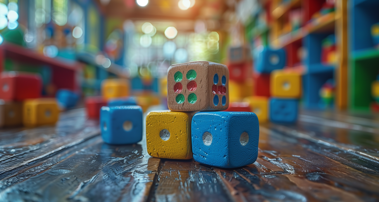 Dados de madeira coloridos sobre uma mesa em uma sala de jogos infantil com fundo desfocado. Um close de dados de madeira coloridos em uma velha mesa de madeira em uma escola ou jardim de infância. Foto de banco de imagens, com estilo ultra-realista, luz suave e alta resolução
