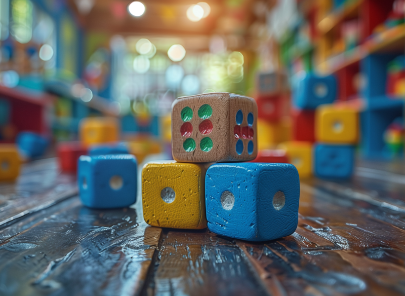 Dados de madeira coloridos sobre uma mesa em uma sala de jogos infantil com fundo desfocado. Um close de dados de madeira coloridos em uma velha mesa de madeira em uma escola ou jardim de infância. Foto de banco de imagens, com estilo ultra-realista, luz suave e alta resolução