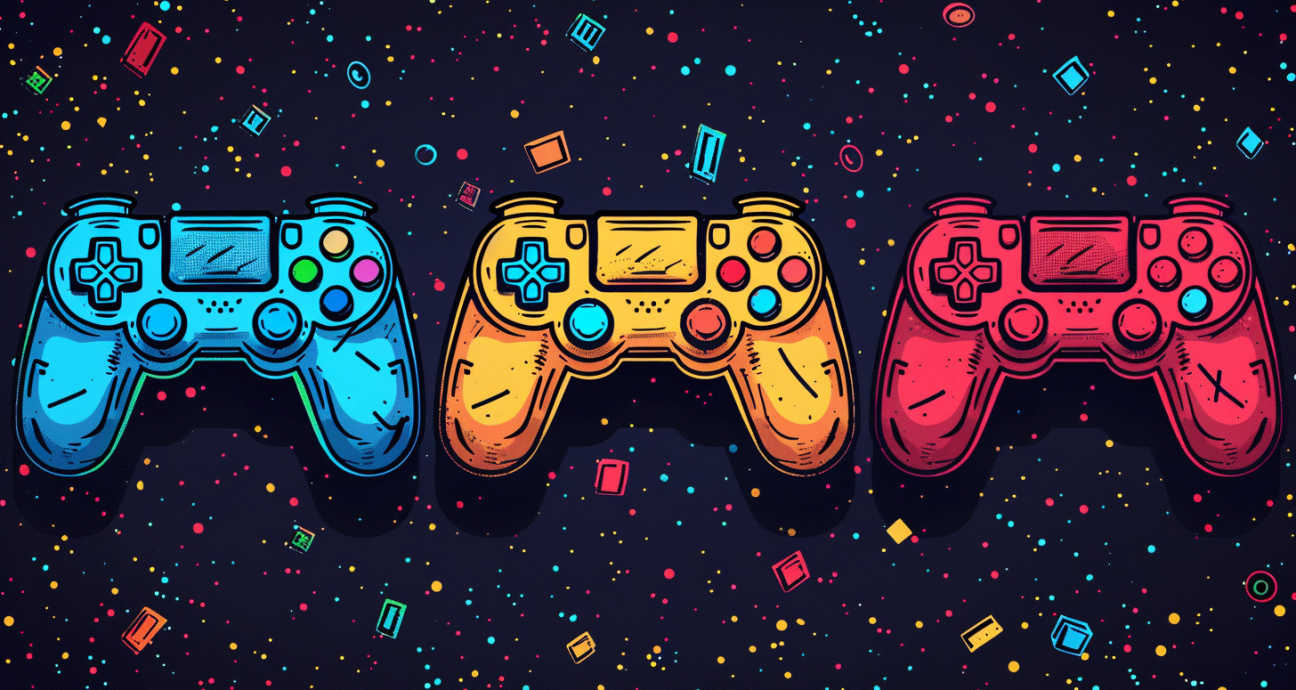 3 controladores de videogame em cores diferentes em um fundo escuro, uma ilustração vetorial no estilo de design plano, colorido, com formas simples para Exemplos de Gamificação, confetes coloridos voando em um estilo de jogo retrô, com uma composição simétrica, padrão sem costura