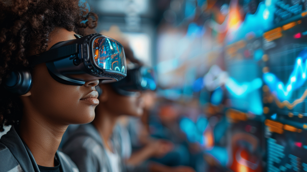 Um grupo de jovens negras usando fones de ouvido VR em frente a telas digitais exibindo dados e gráficos, representando o futuro das Simulações em Tempo Real. A renderização 3D mostra alta resolução com detalhes intrincados em um close de suas expressões focadas. O ambiente de escritório futurista apresenta cores vibrantes com detalhes em azul e efeitos de desfoque de profundidade