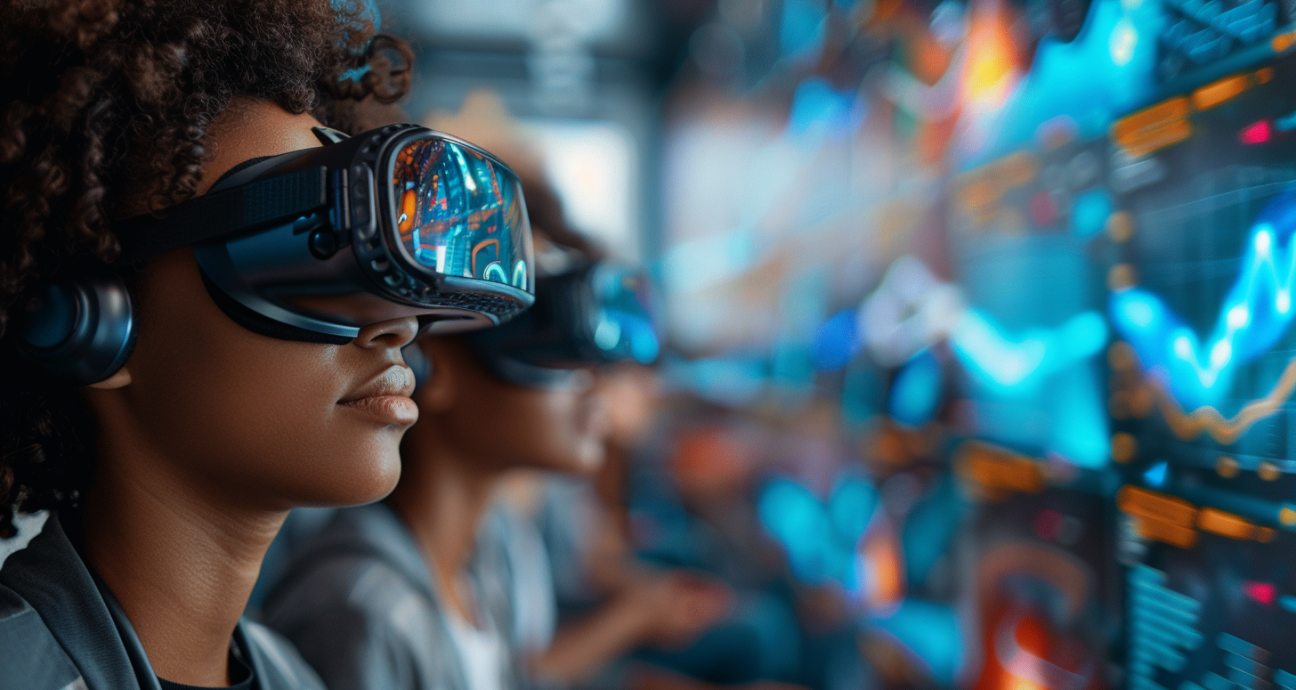 Um grupo de jovens negras usando fones de ouvido VR em frente a telas digitais exibindo dados e gráficos, representando o futuro das Simulações em Tempo Real. A renderização 3D mostra alta resolução com detalhes intrincados em um close de suas expressões focadas. O ambiente de escritório futurista apresenta cores vibrantes com detalhes em azul e efeitos de desfoque de profundidade