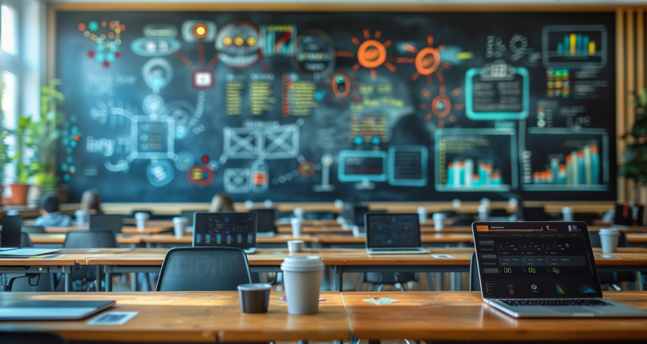 Uma sala de aula com Plataformas de Ensino Interativas: dados e tecnologia em quadro-negro, simbolizando a integração de habilidades de marketing digital na educação para alunos de uma escola on-line. As mesas possuem laptops exibindo ícones de software e gráficos, enquanto xícaras de café ficam ao lado de cada laptop, criando uma atmosfera animada. Na frente há um espaço aberto onde você pode ver várias mesas vazias com cadeiras voltadas para uma câmera. É uma sala iluminada e cheia de luz natural