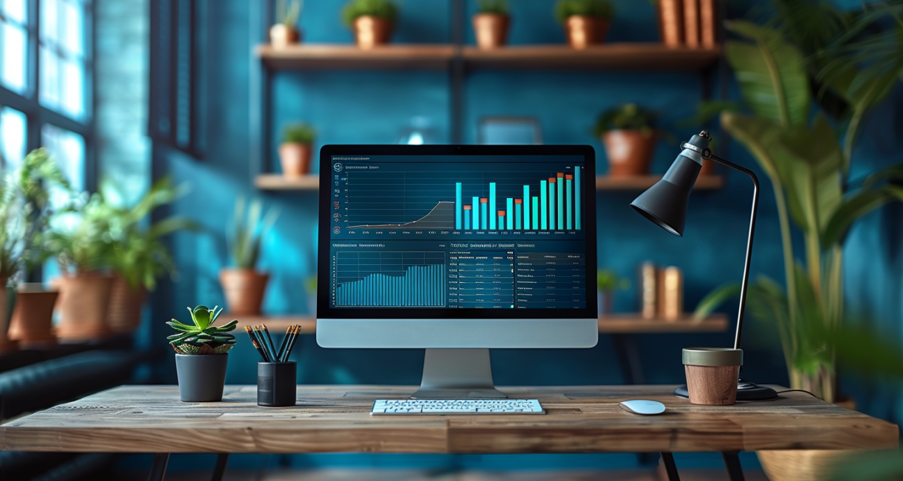 Interior moderno do escritório doméstico com mesa de madeira, monitor de computador exibindo Análise de Dados Educacionais e visualização de dados na tela, fundo de parede azul, decorações de plantas, iluminação suave, criando uma atmosfera aconchegante