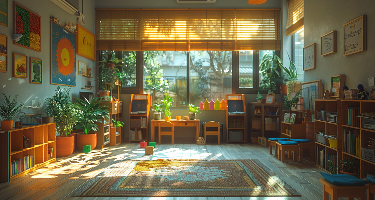 Uma bela, moderna e colorida sala de aula de jardim de infância com luz solar entrando. Há uma variedade de mesas de madeira, cadeiras, escrivaninhas, estantes, vasos de plantas, brinquedos infantis no chão, pôsteres nas paredes, materiais de arte espalhados. Uma grande janela deixava entrar luz para um pequeno jardim exterior. A vibração deve ser feliz, aconchegante, calorosa, divertida e convidativa.