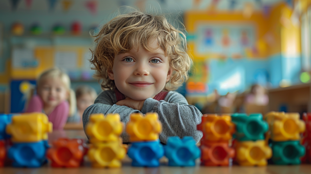 Um menino de cabelos loiros cacheados e olhos azuis está sentado em uma mesa à sua frente, cercado por blocos coloridos e brinquedos de plástico. Ele está com as mãos cruzadas uma sobre a outra enquanto sorri gentilmente para a câmera. No fundo desfocado, crianças brincam alegremente juntas dentro de uma sala de berçário bem iluminada. O foco deve ser nítido no rosto da criança enquanto captura sua expressão alegre e movimento natural. Use iluminação suave para destacar características faciais no estilo de um retrato clássico. Esta imagem ilustra Por Que a Gamificação Está Transformando a Educação, mostrando como ambientes lúdicos e interativos podem impactar positivamente o aprendizado das crianças.
