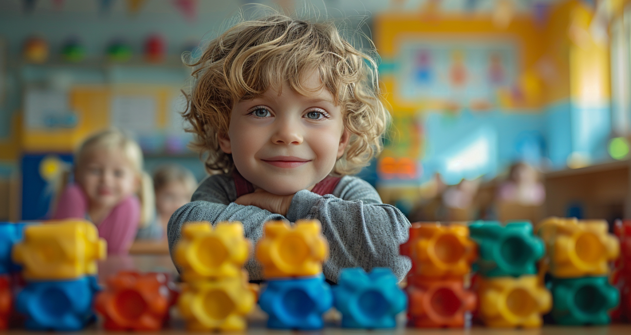 Um menino de cabelos loiros cacheados e olhos azuis está sentado em uma mesa à sua frente, cercado por blocos coloridos e brinquedos de plástico. Ele está com as mãos cruzadas uma sobre a outra enquanto sorri gentilmente para a câmera. No fundo desfocado, crianças brincam alegremente juntas dentro de uma sala de berçário bem iluminada. O foco deve ser nítido no rosto da criança enquanto captura sua expressão alegre e movimento natural. Use iluminação suave para destacar características faciais no estilo de um retrato clássico. Esta imagem ilustra Por Que a Gamificação Está Transformando a Educação, mostrando como ambientes lúdicos e interativos podem impactar positivamente o aprendizado das crianças.
